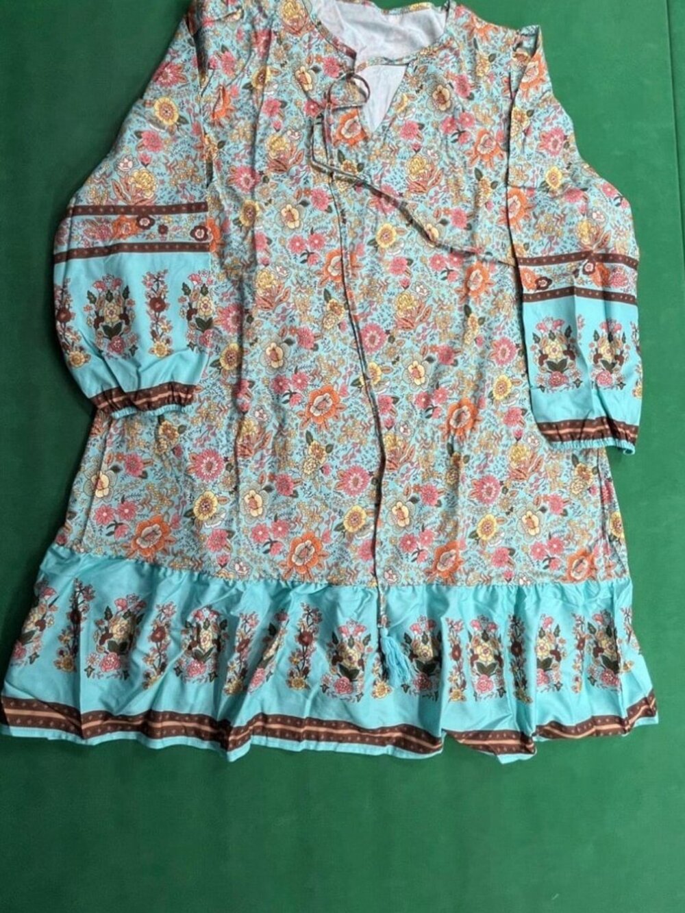 Women’s Boho Floral Mini Dress XXL Aqua Blue V-Neck Long Sleeve A-Line - Picture 3 of 5
